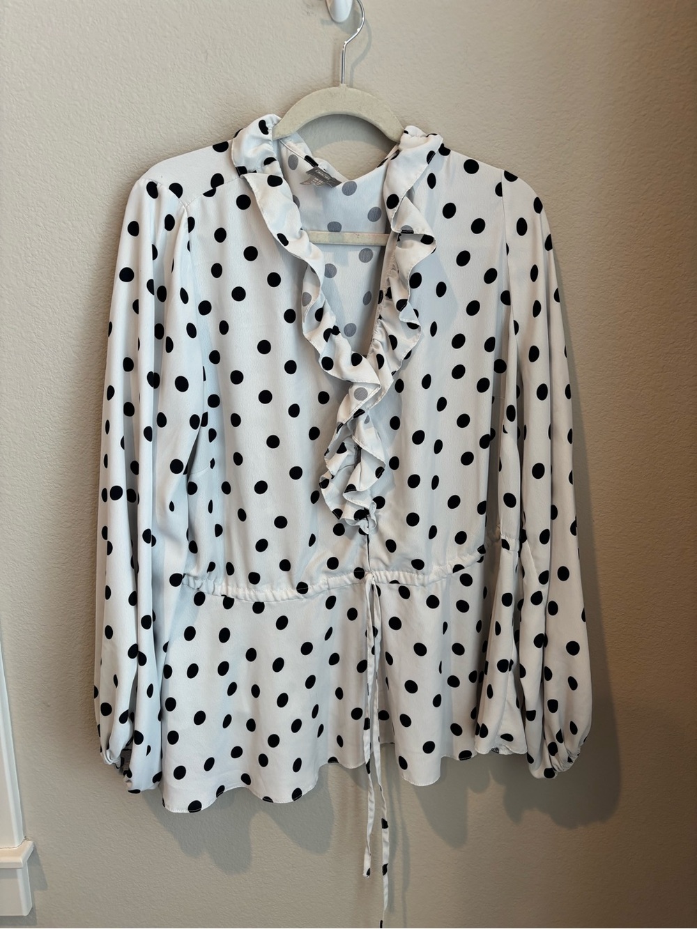 ASOS White Blouse with Black Polka Dots and Ruffle V-Neck